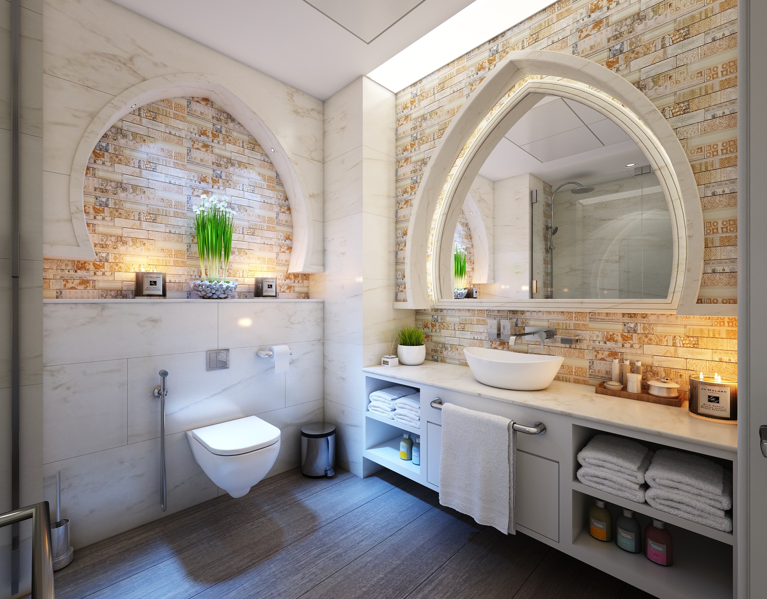A picture of a bathroom with white arches.